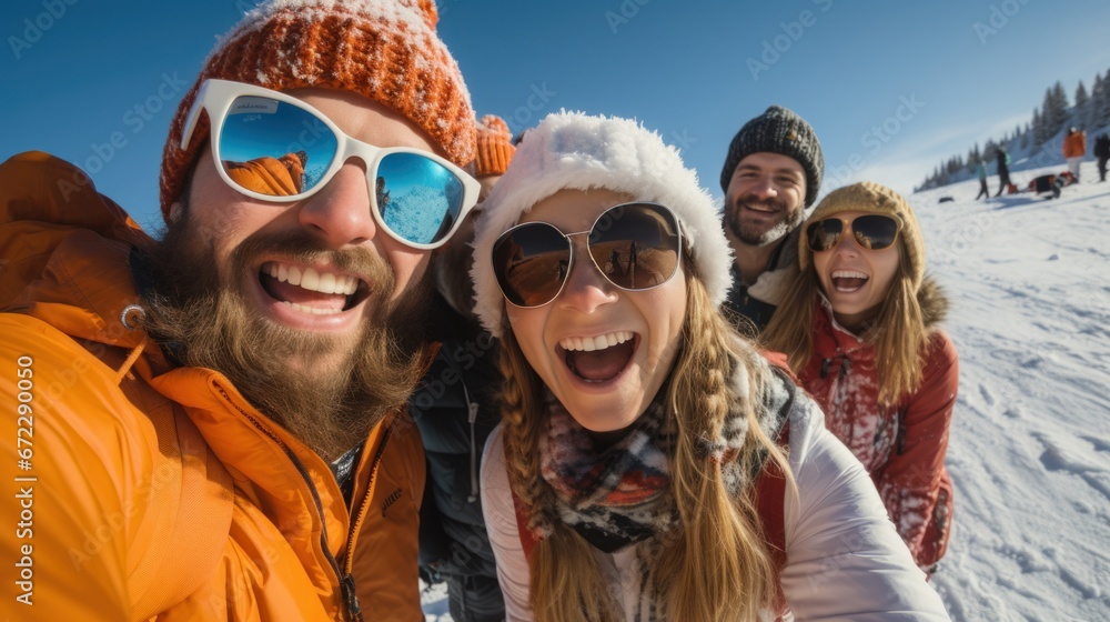 Group of friends having fun in the snow on a sunny day. Group of friends having fun in the snow on a sunny day.