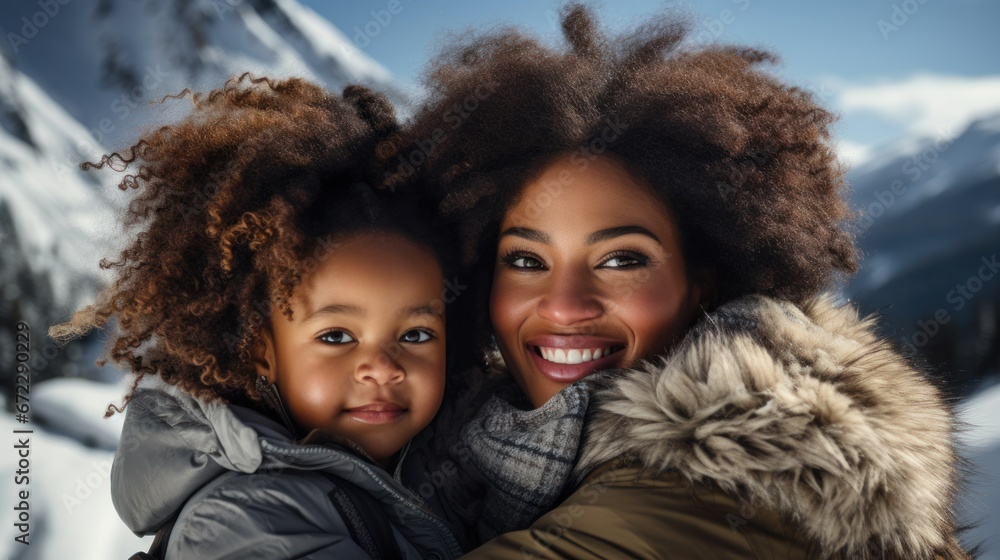 Happy african american mother and daughter in winter clothes. Happy african american mother and daughter in winter clothes.