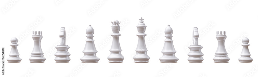 White chess pieces set isolated on white transparent background. PNG. Business strategy concept White chess pieces set isolated on white transparent background. PNG. Business strategy concept