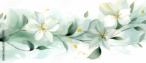 Abstract marbled ink liquid fluid watercolor painting texture banner illustration - Soft mint green petals  blossom flower flowers swirls gold painted lines  isolated on white background