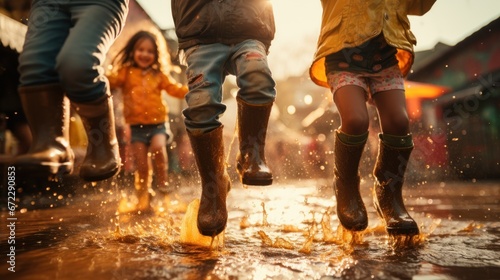Happy children having fun in rubber boots jumping in a puddle © sirisakboakaew