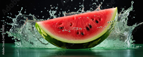 Watermelon cut splashing in water on green background.