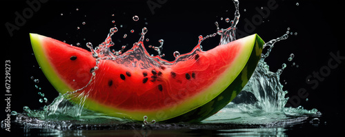 Watermelon cut splashing in water on green background.