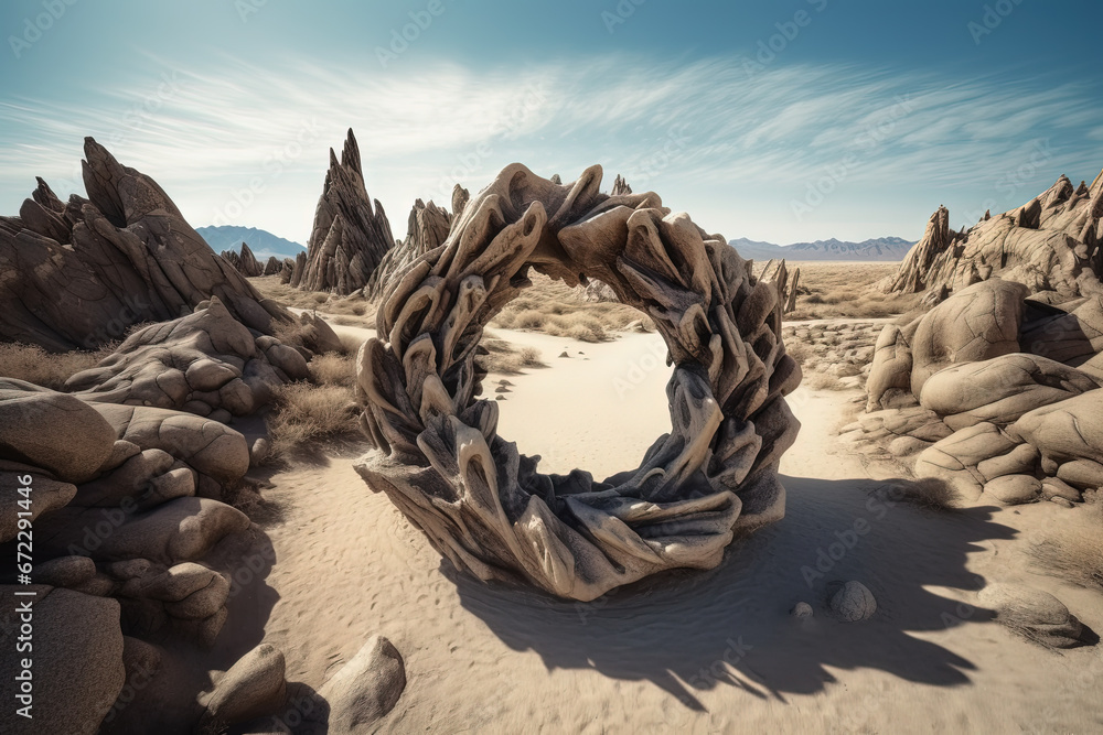 Surreal rock vortex formation. Fictional coiled stones in the desert mountains.