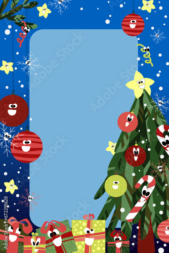 Vector New Year vertical banner with a New Year tree with New Year's toys and gifts, with snow and confetti. New Year banner with place for text.