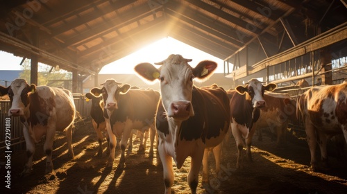 large village cowshed, cows standing inside cowshed illuminated morning