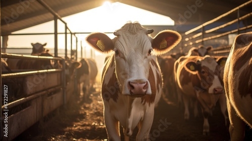 large village cowshed, cows standing inside cowshed illuminated morning