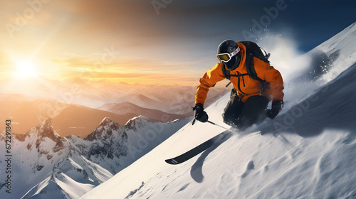 enjoying skiing, ski resort, skier jumping, winter holiday concept, Extreme winter sports, Slope skiing, Traveling concept background, theme recreation, professional skier © elina