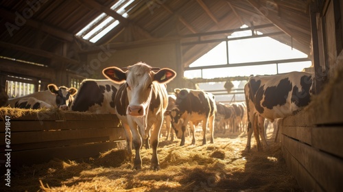 large village cowshed, cows standing inside cowshed illuminated morning © sirisakboakaew