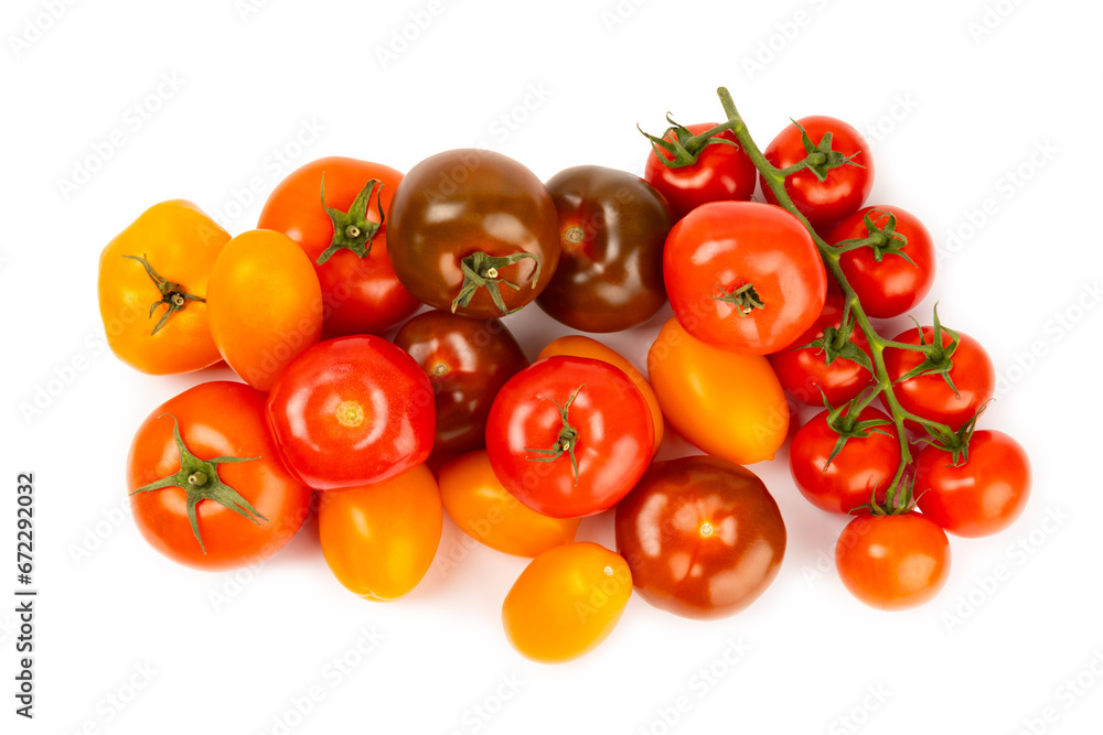 Various colorful tomatoes isolated on white background. Fresh yellow, red, black, pink and brown tomatoes. Fresh vegetables. Vegan. Close-up. Healthy food. Salad Ingredients.