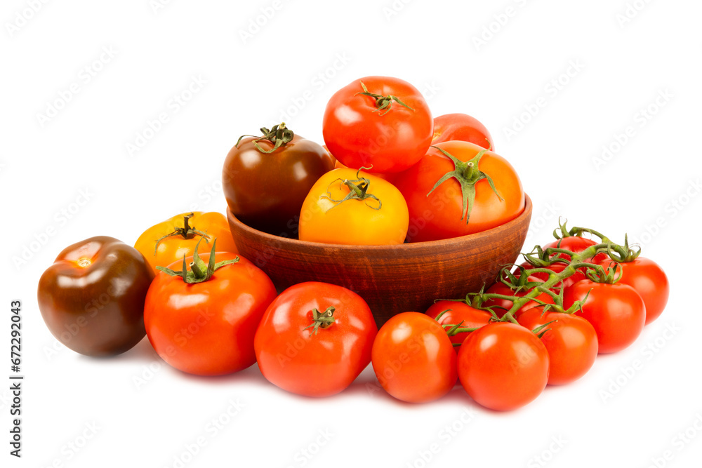 Various colorful tomatoes isolated on white background. Fresh yellow, red, black, pink and brown tomatoes. Fresh vegetables. Vegan. Close-up. Healthy food. Salad Ingredients. Various colorful tomatoes isolated on white background. Fresh yellow, red, black, pink and brown tomatoes. Fresh vegetables. Vegan. Close-up. Healthy food. Salad Ingredients.