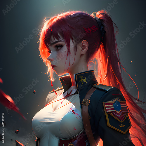 A girl in a military uniform against the background of smoke, sparks, fires