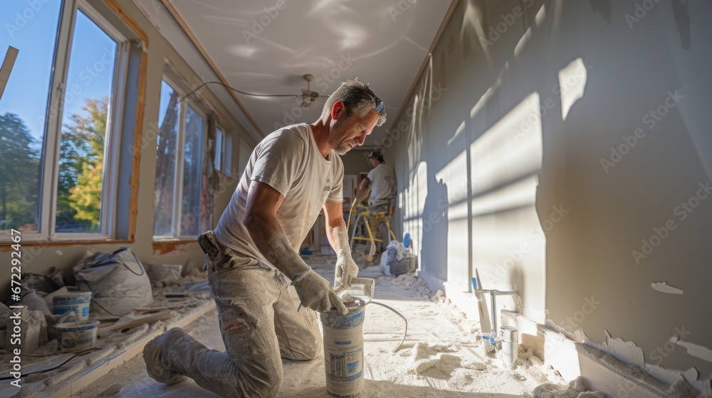 Man plastering drywall in a private house. - obrazy, fototapety, plakaty 