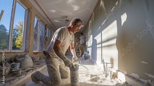 Man plastering drywall in a private house. photo