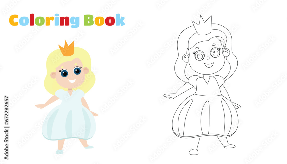 Coloring Page. Little princess girl in crown in cartoon style isolated on white background. The girl has blond hair and a lush dress. Coloring Page. Little princess girl in crown in cartoon style isolated on white background. The girl has blond hair and a lush dress.