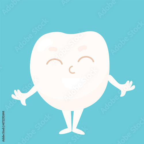 A happy tooth smiles happily. A positive character for the day of the dentist and children's oral care.