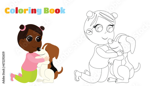 Colouring Book. Little charming girl hugs a beagle dog. The child is sitting on his lap  smiling and happy. The girl is dressed in trousers and a blouse. Friendship between man and dog.