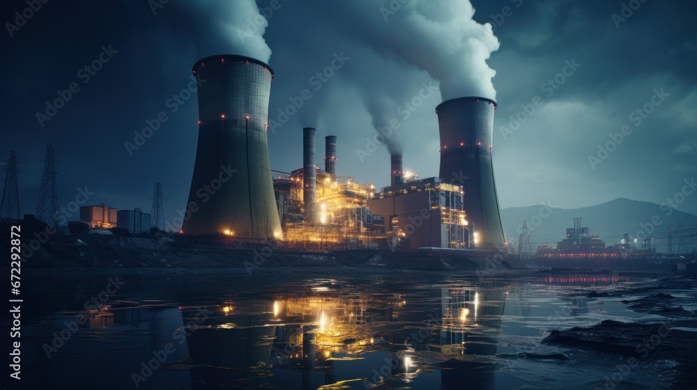 Nuclear Power plant at night with chimneys and cooling towers, industrial landscape