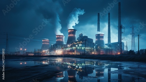 Nuclear Power plant at night with chimneys and cooling towers  industrial landscape