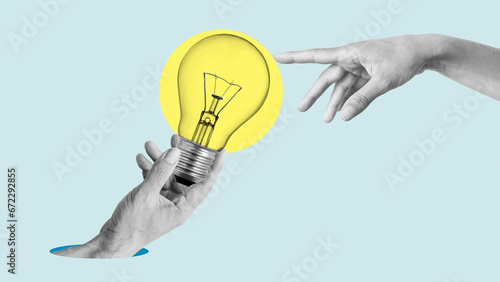 Collage with hands and light bulb which is symbolizing creativity concept and new ideas in business