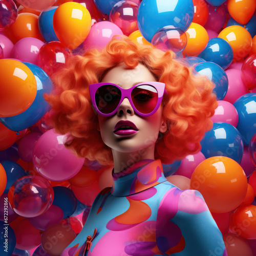Retro Vibe Revival: Vivacious Curly-Haired Model Amongst Colorful Balloons