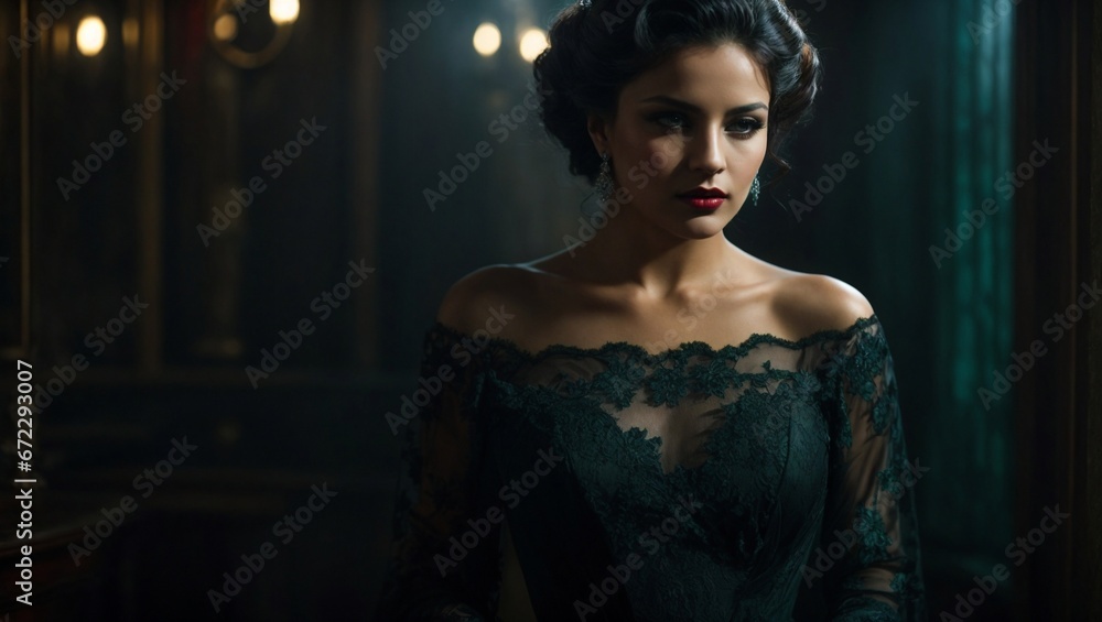 Gothic beautiful vampire woman in dark mysterious house for halloween costume