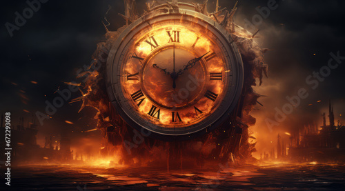 Amidst a fiery apocalypse, a grandiose clock stands defiant, its fragments suspended in time as embers glow against the twilight ruins, symbolizing the end of an era