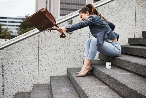 Anger, stairs and business with woman in city for unemployment, job loss and crisis. Problem, stress and fear with female employee screaming in outdoors for mental health, frustrated and failure