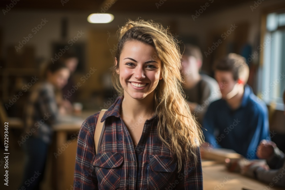 Portrait of smiling female teacher wearing plaid shirt with students