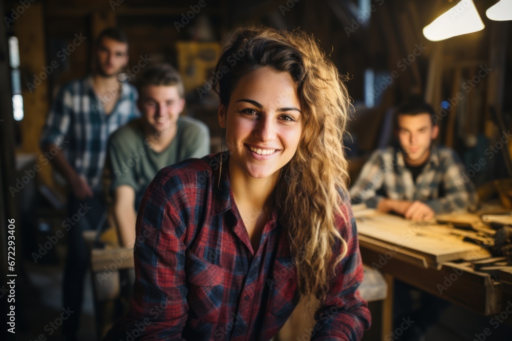 Portrait of smiling female teacher wearing plaid shirt with students Portrait of smiling female teacher wearing plaid shirt with students