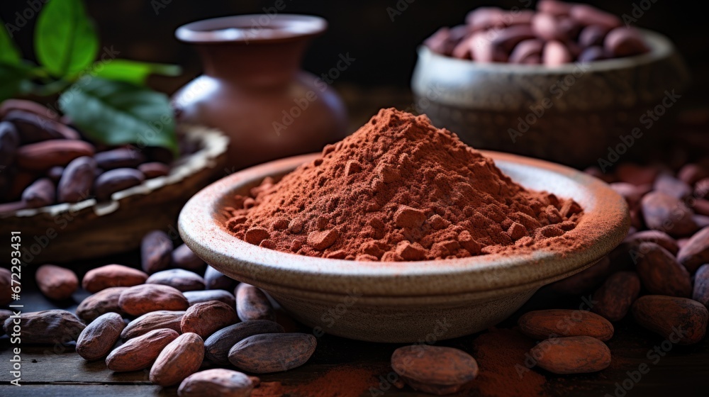 Raw cocoa beans, clay bowl with cocoa powder. Raw cocoa beans, clay bowl with cocoa powder.