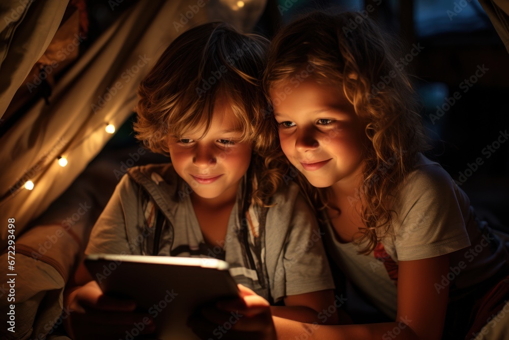 Siblings with digital tablet lying in tent