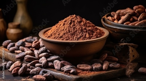 Raw cocoa beans, clay bowl with cocoa powder.