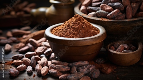 Raw cocoa beans, clay bowl with cocoa powder.