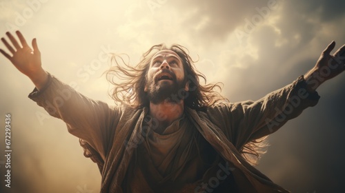 Resurrected Jesus Christ reaching out with open arms in the sky