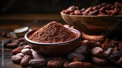 Raw cocoa beans, clay bowl with cocoa powder.