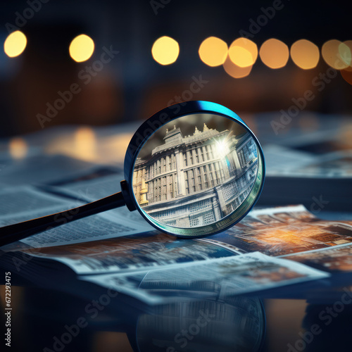 A magnifying glass reveals a detailed and sharp image of a historic building amidst a backdrop of blurry newspapers. This juxtaposition emphasizes the concept of investigation
