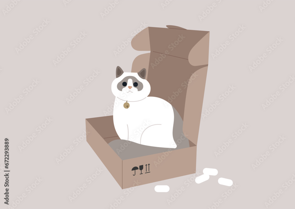 A funny ragdoll cat lounging within a cardboard package, a delivery service scenario