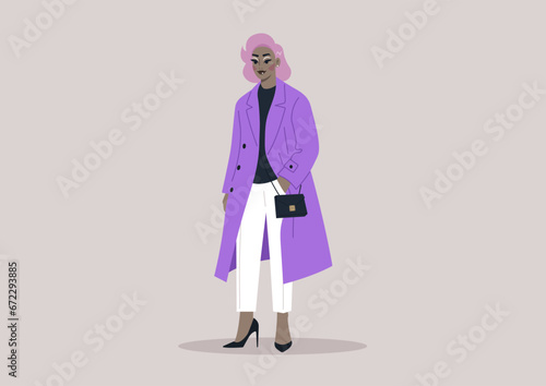 A glamorous drag queen donning an elegant purple trench coat, accompanied by a small black handbag