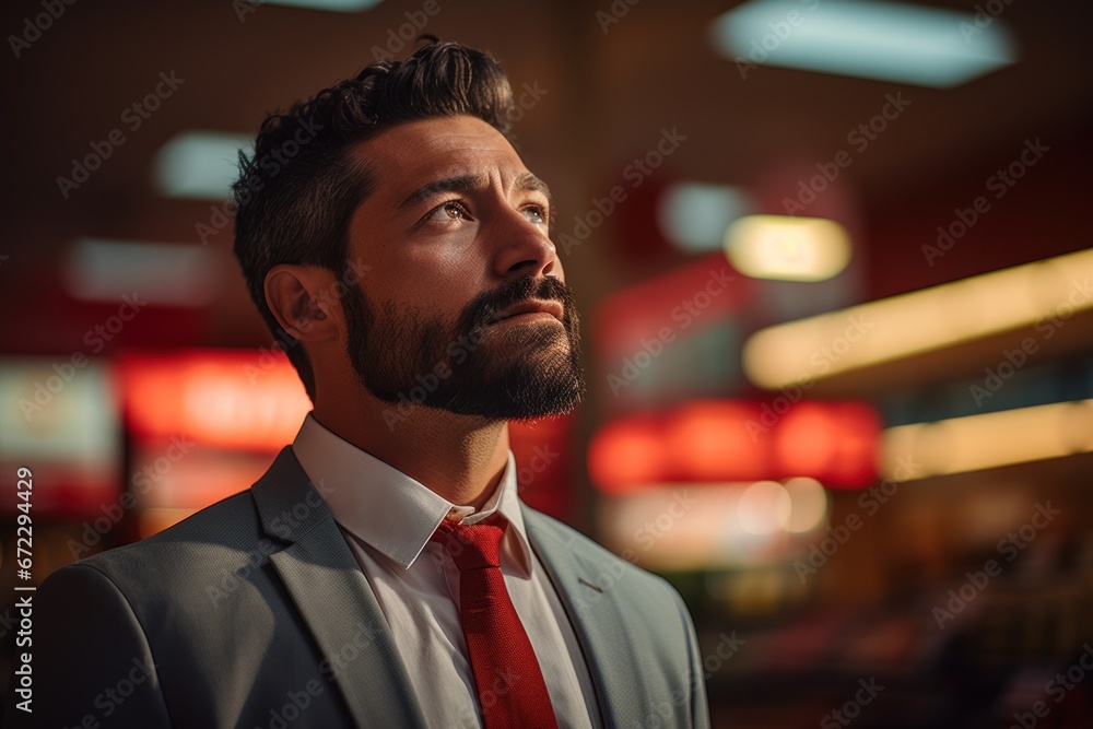 A thoughtful salesperson looks towards the supermarket entrance. A thoughtful salesperson looks towards the supermarket entrance.