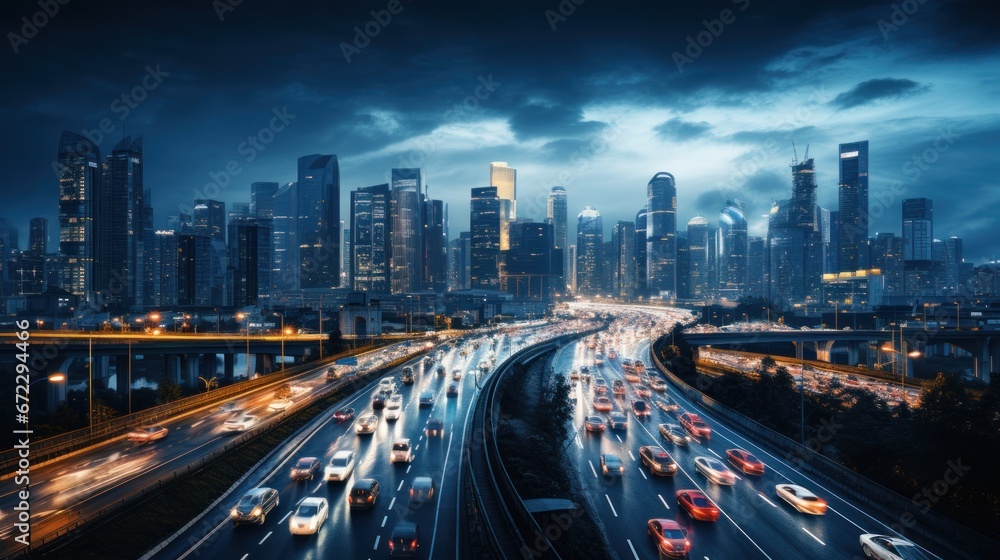 Fototapeta premium traffic on highway at nigh drone view