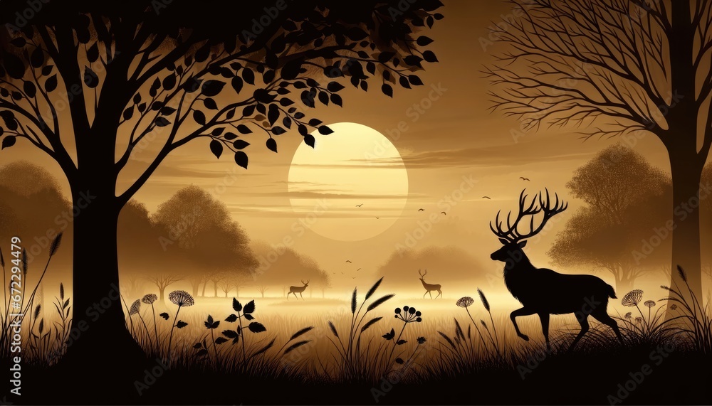 A majestic stag stands in a tranquil golden twilight amidst a misty forest landscape.