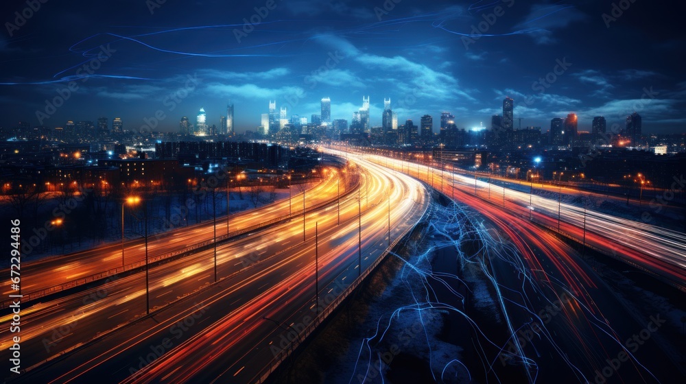 Fototapeta premium traffic on highway at nigh drone view