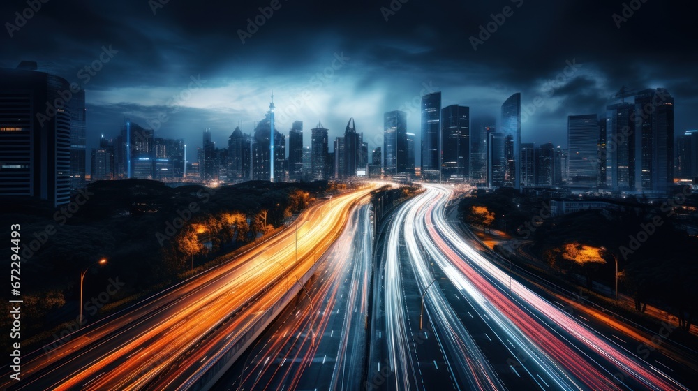 Obraz premium traffic on highway at nigh drone view