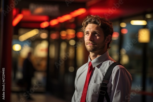 A thoughtful salesperson looks towards the supermarket entrance.