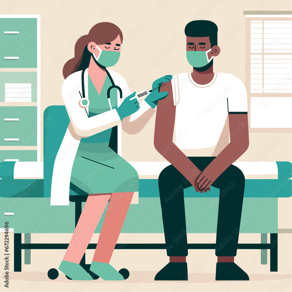 Light-skinned female doctor in green uniform vaccinating male patient in flat vector room. Light-skinned female doctor in green uniform vaccinating male patient in flat vector room.