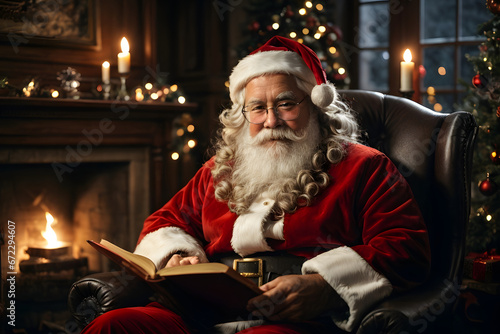  Santa Claus sits in a rustic armchair next to a fireplace under the Christmas tree and reads a book