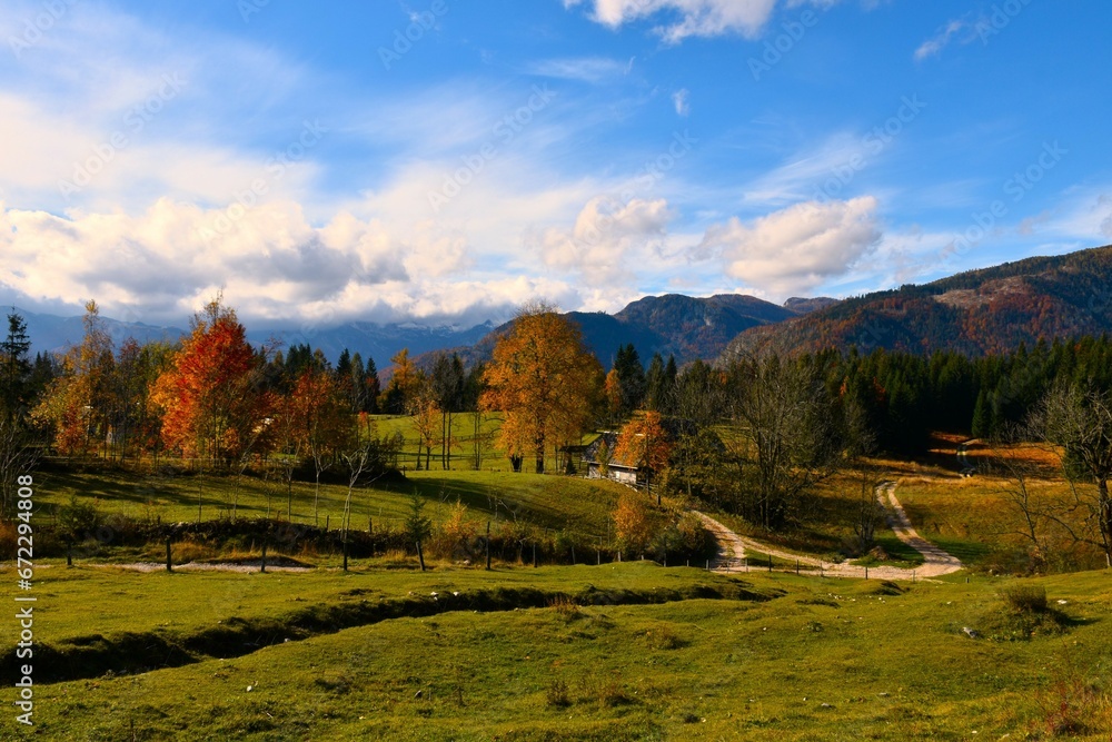 View of Uskovnica alpine pasture in Julian alps, Gorenjska, Slovenia with trees in yellow and red autumn colors