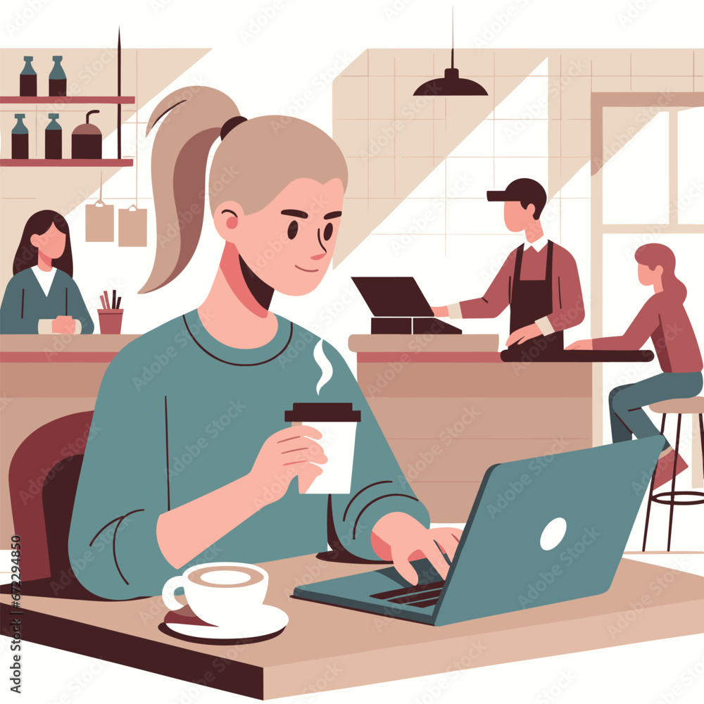 Young person working in coffee shop vector with flat colors and solid shadows. Young person working in coffee shop vector with flat colors and solid shadows.