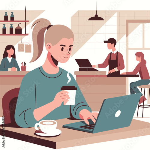 Young person working in coffee shop vector with flat colors and solid shadows.